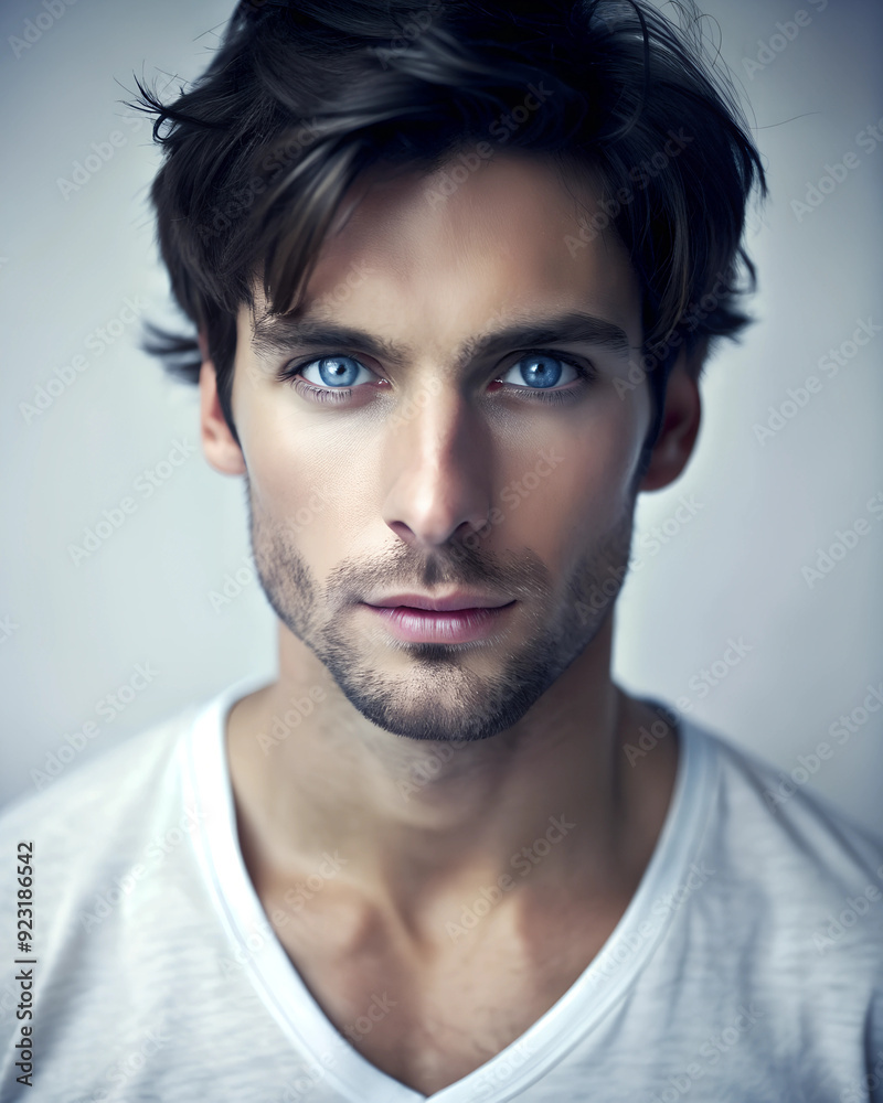Fototapeta premium Handsome young man with blue eyes in a white t-shirt