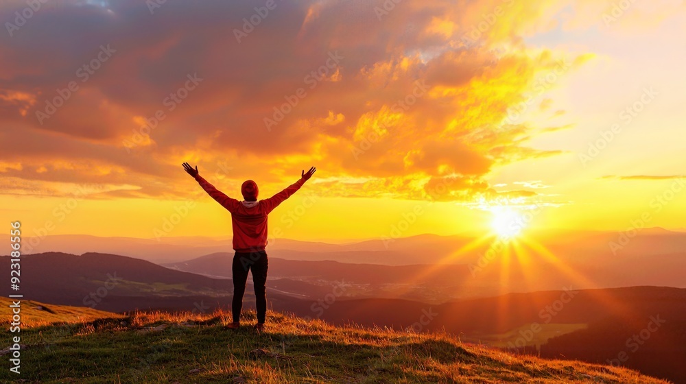 A person standing on a mountain peak, embracing the vibrant sunrise, symbolizing freedom and new beginnings in nature. A person standing on a mountain peak, embracing the vibrant sunrise, symbolizing freedom and new beginnings in nature.