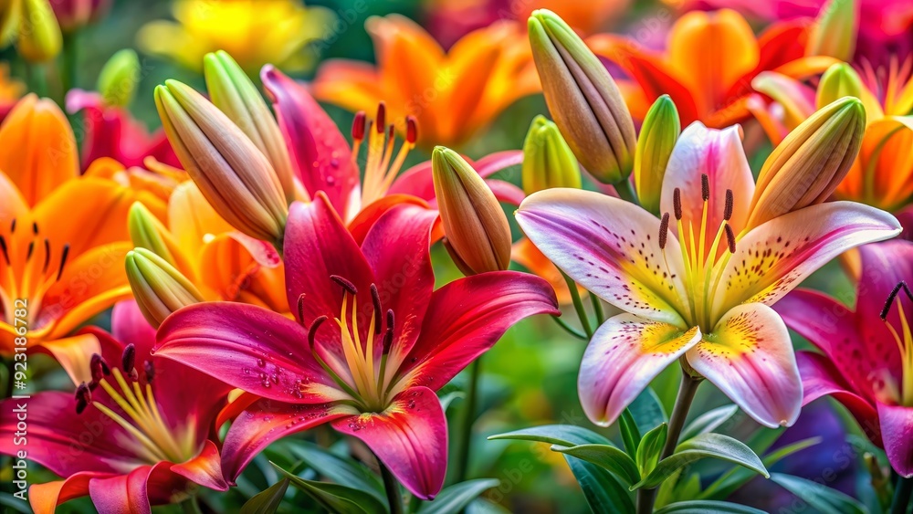 Close up of vibrant lilies in full bloom, flowers, petals, pollen, nature, close-up, colorful, blooming, garden, summer Close up of vibrant lilies in full bloom, flowers, petals, pollen, nature, close-up, colorful, blooming, garden, summer