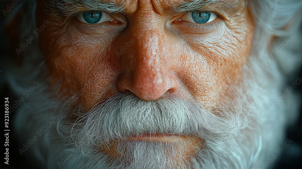 Intense close-up portrait of an elderly man with a deep gaze and a weathered face, showcasing his white beard and piercing blue eyes, highlighting the wisdom and experience etched in his wrinkles Intense close-up portrait of an elderly man with a deep gaze and a weathered face, showcasing his white beard and piercing blue eyes, highlighting the wisdom and experience etched in his wrinkles