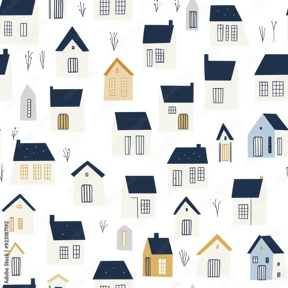 Fototapeta premium Seamless pattern of tiny minimalist tiny homes with clean lines