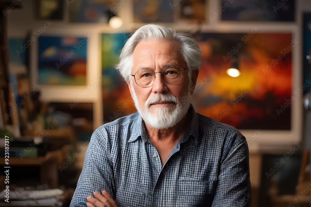 man with white beard and glasses standing in front of a painting man with white beard and glasses standing in front of a painting