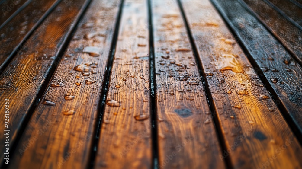Wooden boards with a waterproof coating, captured after a rain shower, featuring the water beads magnifying the wood grain and texture Wooden boards with a waterproof coating, captured after a rain shower, featuring the water beads magnifying the wood grain and texture
