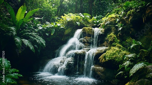Waterfall in deep tropical rainforest with green plants, moss, ferns.