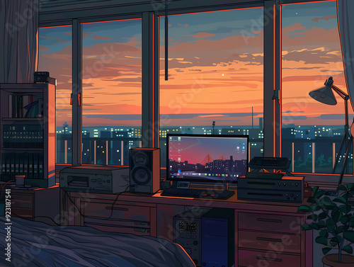 work desk with city views background illustration,beautiful lof animei background