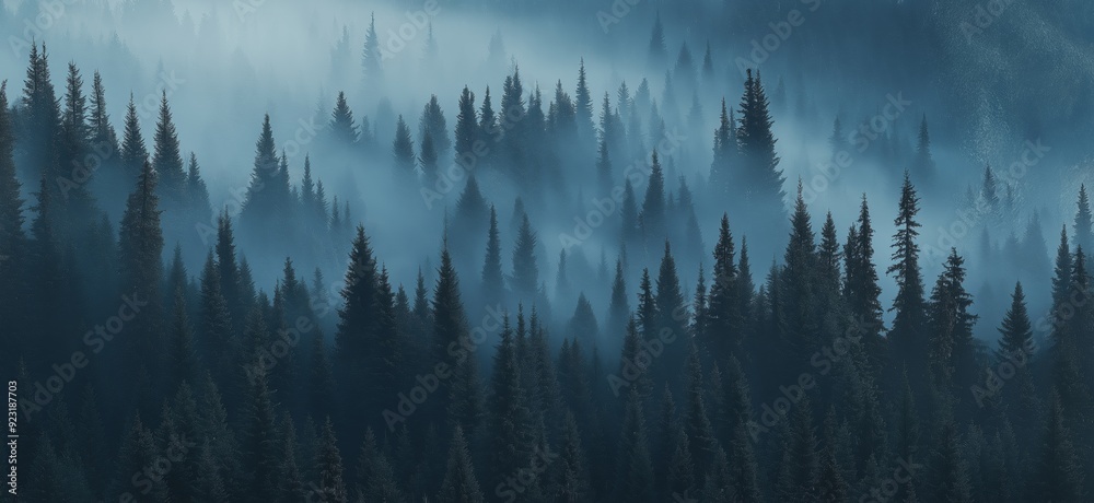 Misty forest. Foggy mountains. Misty spruce landscape banner Misty forest. Foggy mountains. Misty spruce landscape banner
