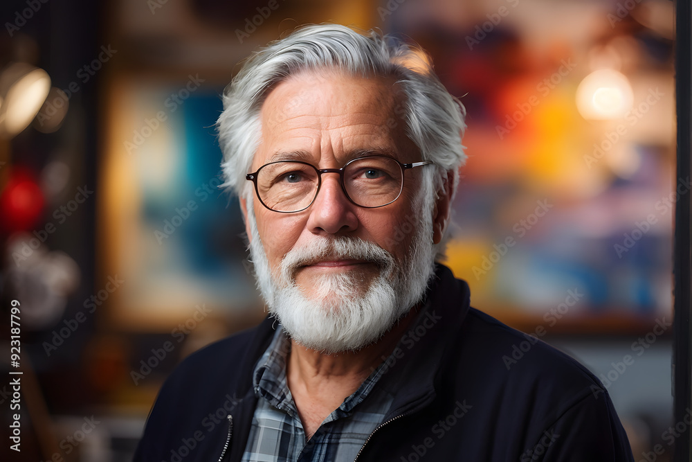 there is a man with a beard and glasses standing in front of a painting there is a man with a beard and glasses standing in front of a painting