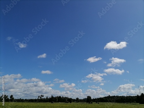 Beautiful clear blue sky background with soft white clouds on a sunny day