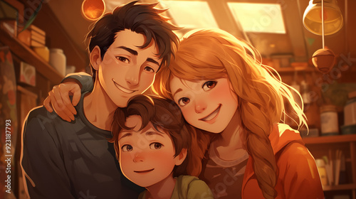 Happy family in the anime style.