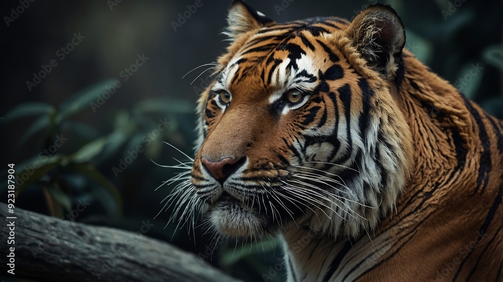 Portrait of a Bengal tiger in the zoo with striking stripes and intense eyes Portrait of a Bengal tiger in the zoo with striking stripes and intense eyes