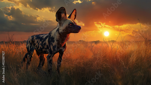 wild dog on sunset background photo