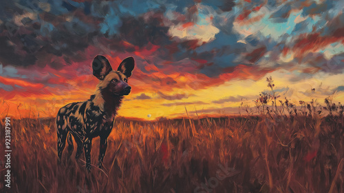 wild dog on sunset background photo