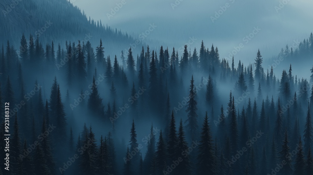 Obraz premium Misty forest. Foggy mountains. Misty spruce landscape banner
