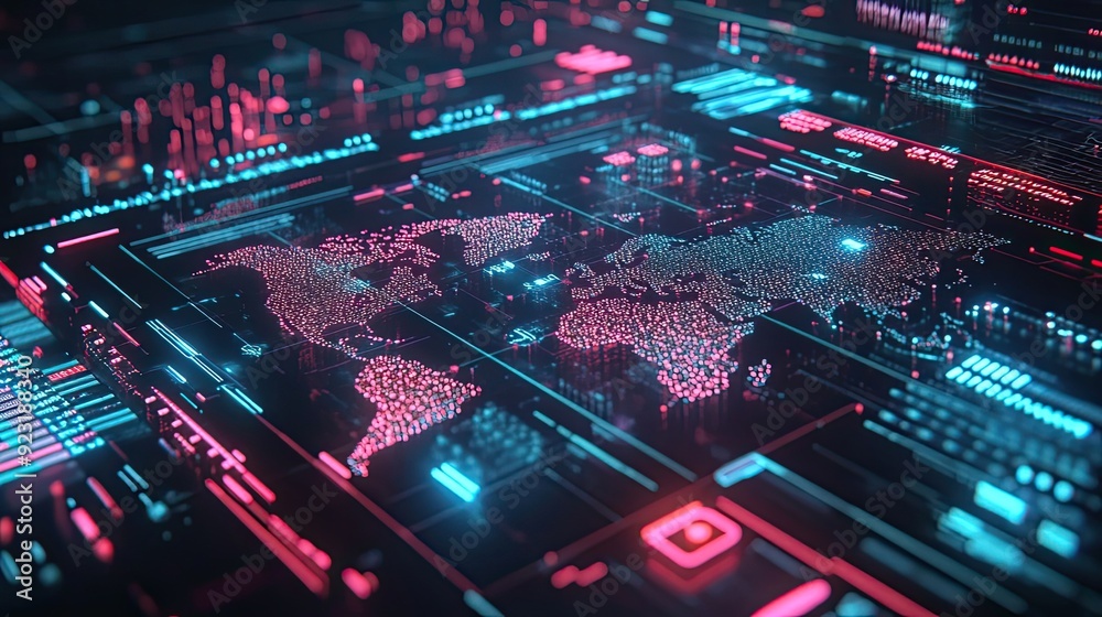A Futuristic World Map Displayed on a Digital Interface A Futuristic World Map Displayed on a Digital Interface