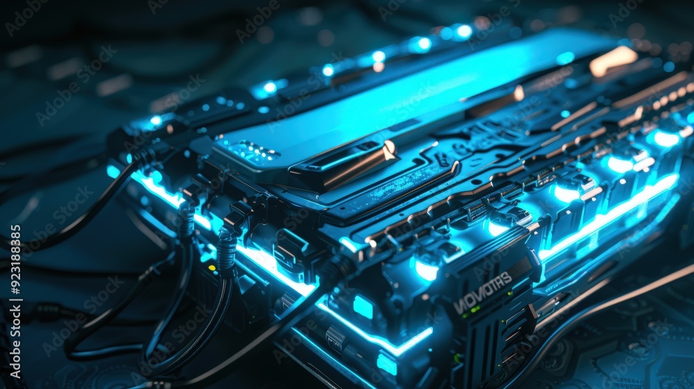 A blue computer with a blue light on it A blue computer with a blue light on it