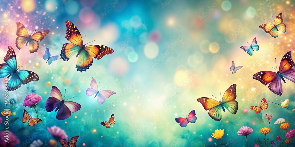 Dreamy banner background with colorful butterflies in a whimsical, artistic style, Butterflies, Dreaming, Fantasy, Nature Dreamy banner background with colorful butterflies in a whimsical, artistic style, Butterflies, Dreaming, Fantasy, Nature