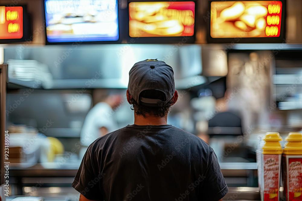 Customer Deciding on Meal at Fast Food Restaurant Counter
