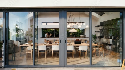Home facade with sliding glass doors