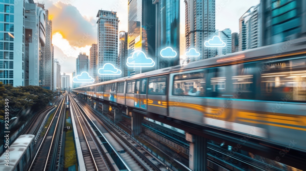 Obraz premium A train is traveling down a track with clouds in the background