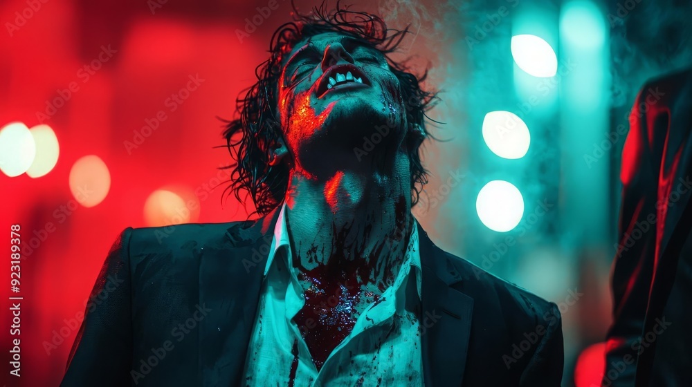 Handsome vampire in a tailored suit, fangs gleaming under city lights, blending modernity with ancient legend