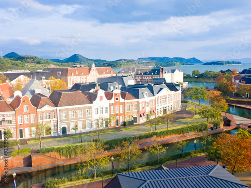 Aerial view of huis ten bosch in Nagasaki prefecture, Kyushu, Japan.