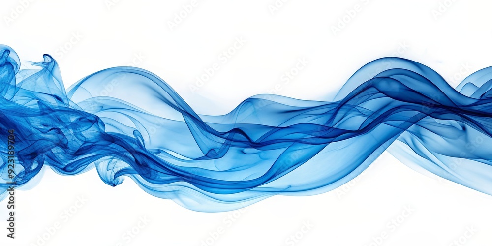Flowing blue smoke with wave-like patterns on white background, blue, smoke, flowing, wave, pattern, abstract, background