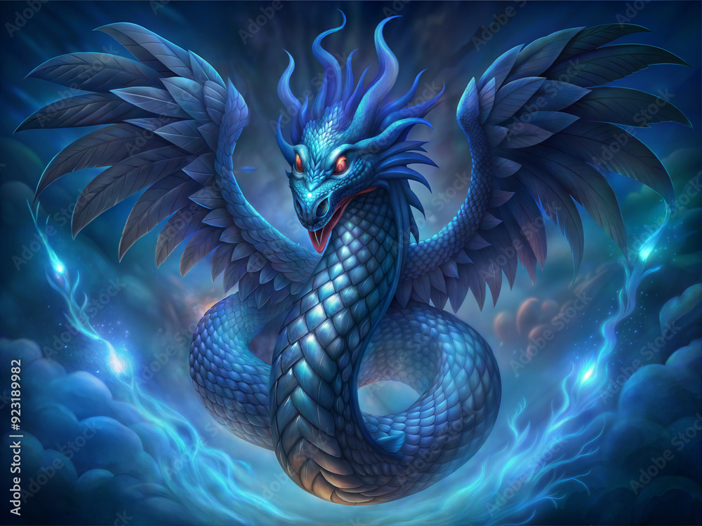 Majestic blue dragon with wings in a fantasy stormy sky Majestic blue dragon with wings in a fantasy stormy sky