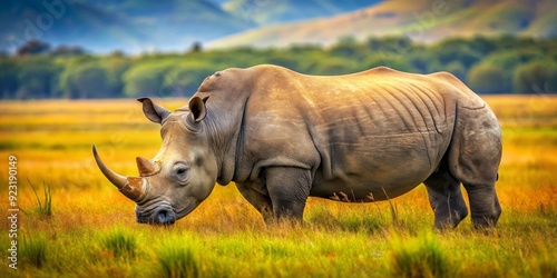 A majestic rhino grazing in its natural habitat, rhino, wild, animal, nature, conservation, safari, horn, mammal