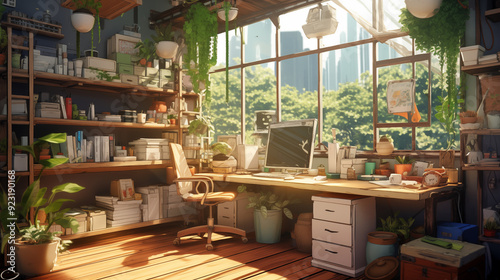 Photos of work space with plant house in the anime style.