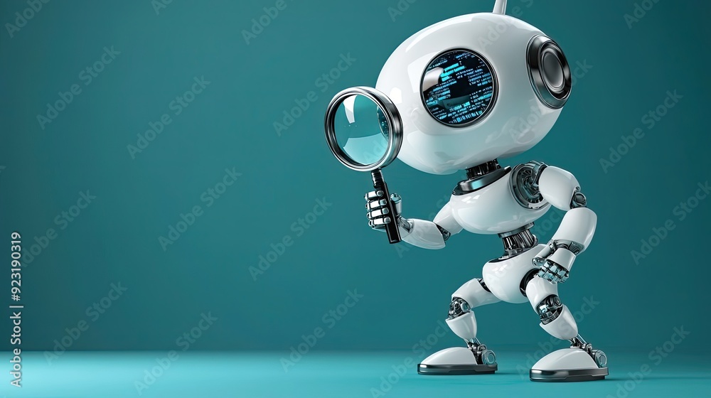 A White Robot Holding a Magnifying Glass on a Teal Background A White Robot Holding a Magnifying Glass on a Teal Background