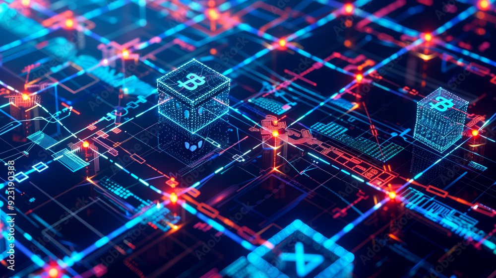 Fototapeta premium a detailed visual of blockchain transactions with interconnected blocks, secure chains