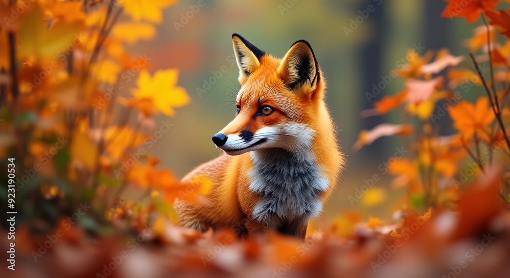 Fototapeta premium Vibrant red fox amidst autumn foliage, showcasing wildlife beauty, ideal for marketing, nature education, emotional connection, copy space, fall theme.