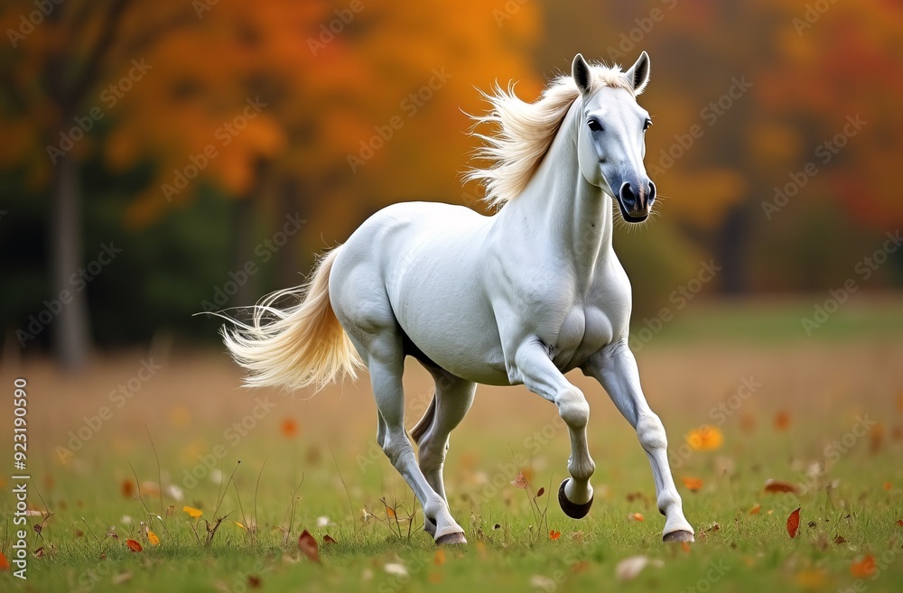 Majestic white horse galloping gracefully in a vibrant autumn field, radiating vitality, suitable for marketing, education, and emotional branding, abundant copy space. Majestic white horse galloping gracefully in a vibrant autumn field, radiating vitality, suitable for marketing, education, and emotional branding, abundant copy space.
