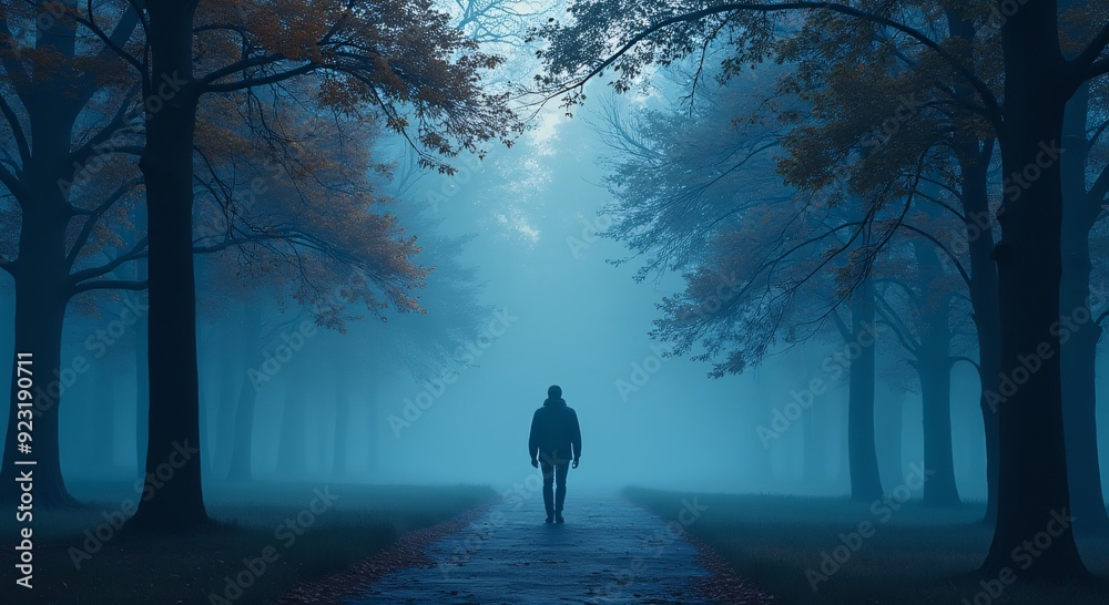 Mysterious fog envelops autumn park, solitary figure walking, ideal for serene banners, posters, emotional storytelling, versatile artistic uses, copy space available. Mysterious fog envelops autumn park, solitary figure walking, ideal for serene banners, posters, emotional storytelling, versatile artistic uses, copy space available.