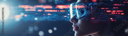 A futuristic profile of a woman wearing augmented reality glasses, immersed in a digital world of vibrant data streams.