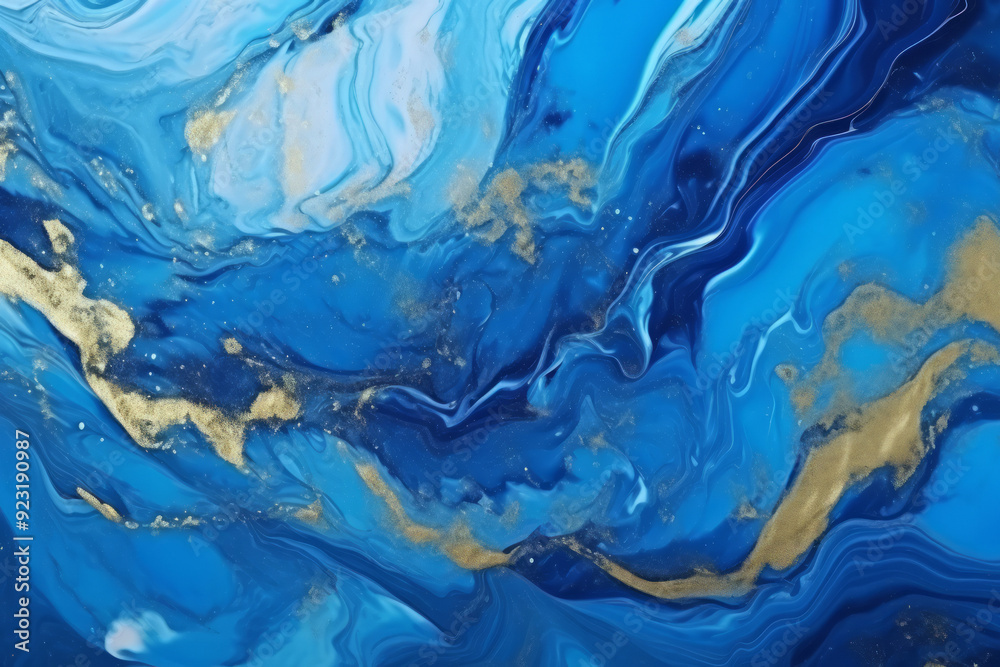 Processed collage of luxurious ocean blue and gold ink marble texture. Background for banner