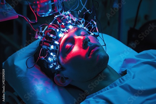 A close-up of a patient undergoing brain activity monitoring with colorful electrodes in a medical setting.