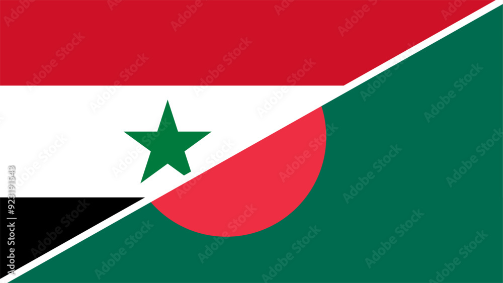 Syria and Bangladesh flags combined in a split design, symbolizing international relations, global unity, and cultural exchange Syria and Bangladesh flags combined in a split design, symbolizing international relations, global unity, and cultural exchange