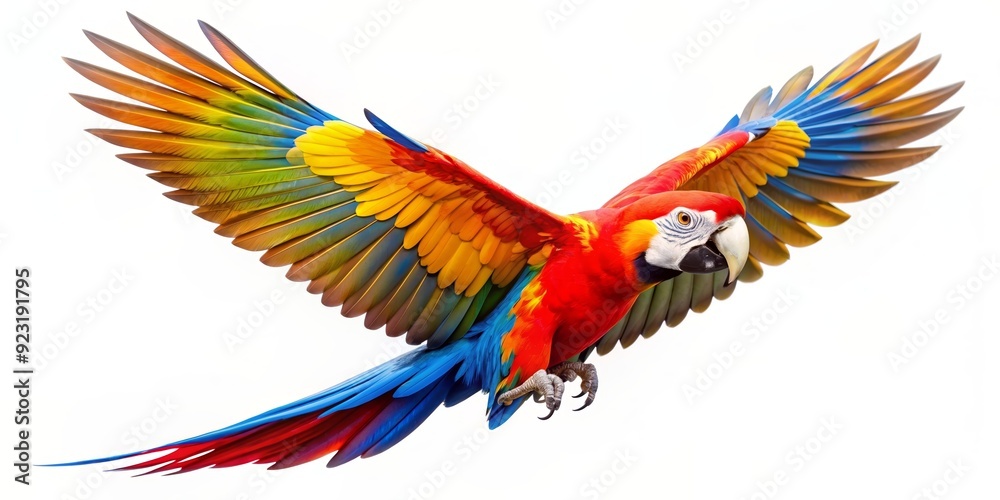 Fototapeta premium Colorful parrot with vibrant feathers flying against a white background, parrot, colorful, feathers, bird, flying