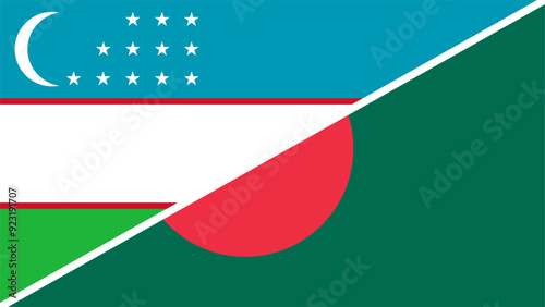 Uzbekistan and Bangladesh flags combined in a split design, symbolizing international relations, global unity, and cultural exchange