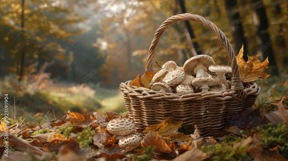 Basket of freshly picked cremini mushrooms contrasting with the forest floor's vibrant greens. Basket of freshly picked cremini mushrooms contrasting with the forest floor's vibrant greens.