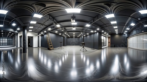 360 degree full panorama of black minimalistic studio with bright lights and reflections, render hdri hdr vr virtual reality, bright photo