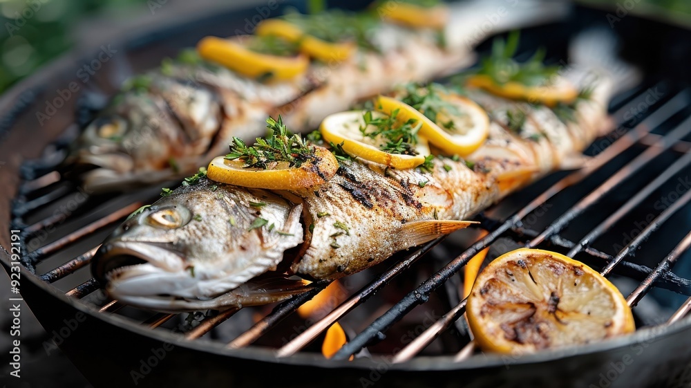 A whole fish, stuffed with herbs and lemon, roasts over an open flame. A whole fish, stuffed with herbs and lemon, roasts over an open flame.