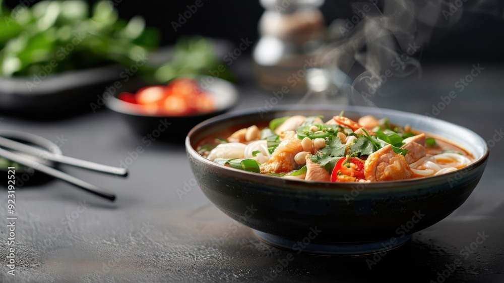 A steaming bowl of spicy chicken noodle soup with lemongrass, galangal, and chili peppers.