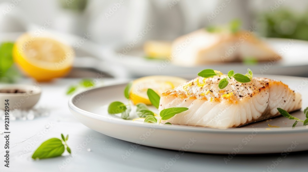 Fresh fish meat on a ceramic plate with herbs and lemon zest, in a bright kitchen environment emphasizing texture and freshness. Fresh fish meat on a ceramic plate with herbs and lemon zest, in a bright kitchen environment emphasizing texture and freshness.