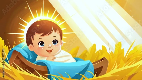Baby Jesus in Manger with halo, Nativity Scene Animation in Cartoon Style 4k new stock video footage AI