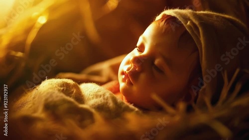 Close-Up of Baby Jesus in Manger with Soft Lighting, Animated Nativity Scene Depiction -- 4k new stock video footage AI