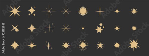 Set gold shine sparkle icon glare,light,blink star minimal shape, burst and rays golden decoration. Twinkle magic comic shine isolated on dark background.