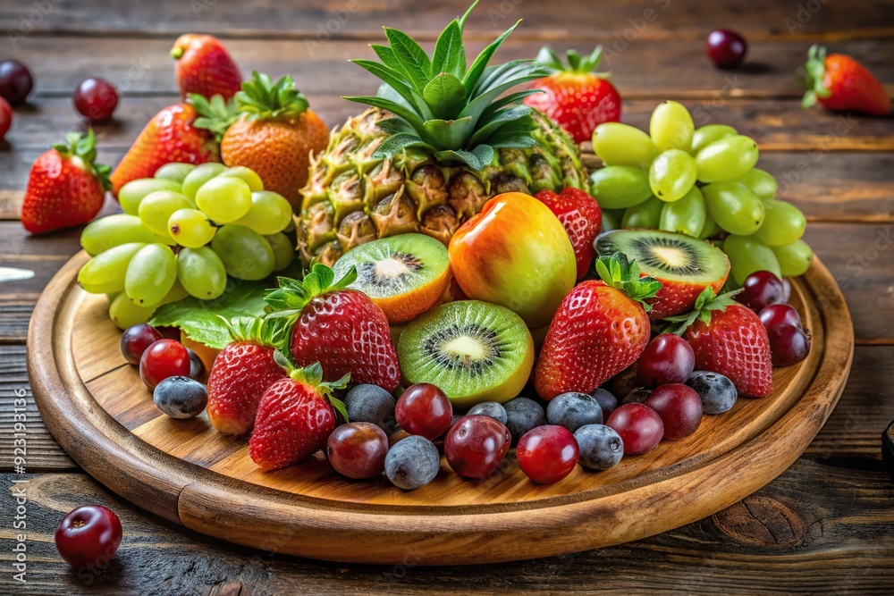 Vibrant arrangement of fresh seasonal fruits, including strawberries, grapes, kiwi, and pineapple, artfully displayed on a rustic wooden platter with lush green garnish. Vibrant arrangement of fresh seasonal fruits, including strawberries, grapes, kiwi, and pineapple, artfully displayed on a rustic wooden platter with lush green garnish.