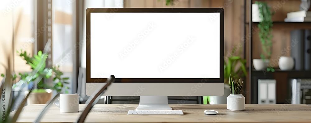 Modern Desktop Workspace with Blank Computer Screen Modern Desktop Workspace with Blank Computer Screen